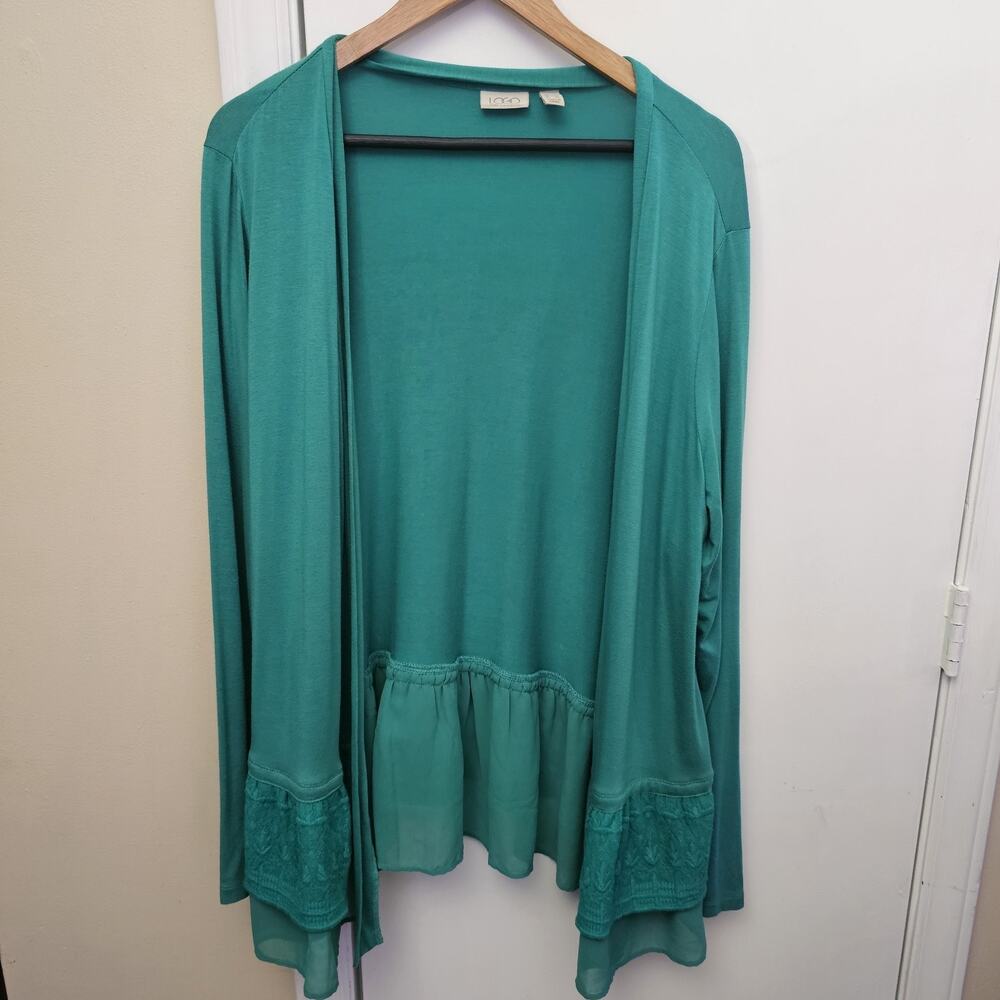 LOGO Lori Goldstein Open Front Cardigan Sz L Lace Hem Long Sleeve Flowy Office